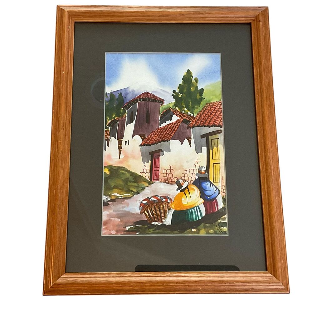 Original Watercolor Painting Signed Framed Latin America Village Colorful 12X15